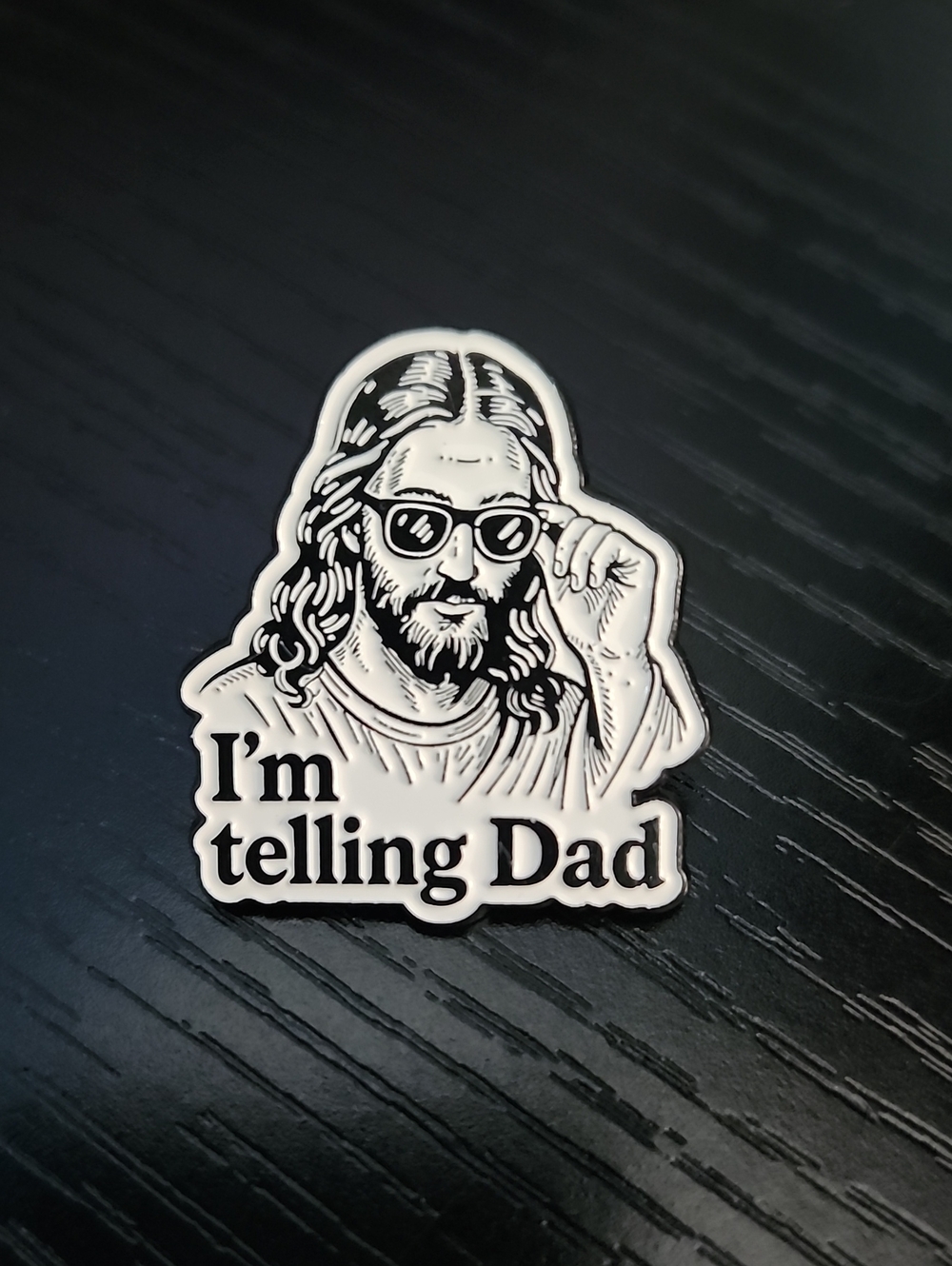 Funny Jesus I'm Telling Dad Black & White Novelty Enamel Pin - Accessory